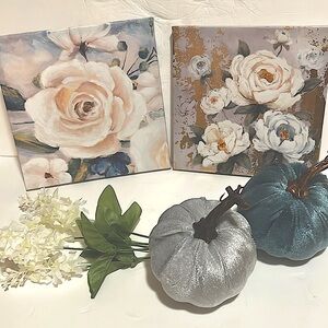 NWT set of2 shabby chic White Roses French cottage art canvas prints blue &white